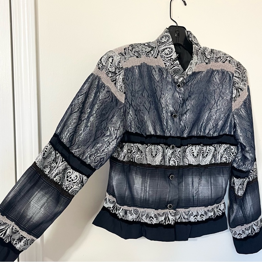 Metallic Silver Paisley Patchwork Jacket Y2K Boho Chic Lightweight Statement Top - Picture 5 of 12